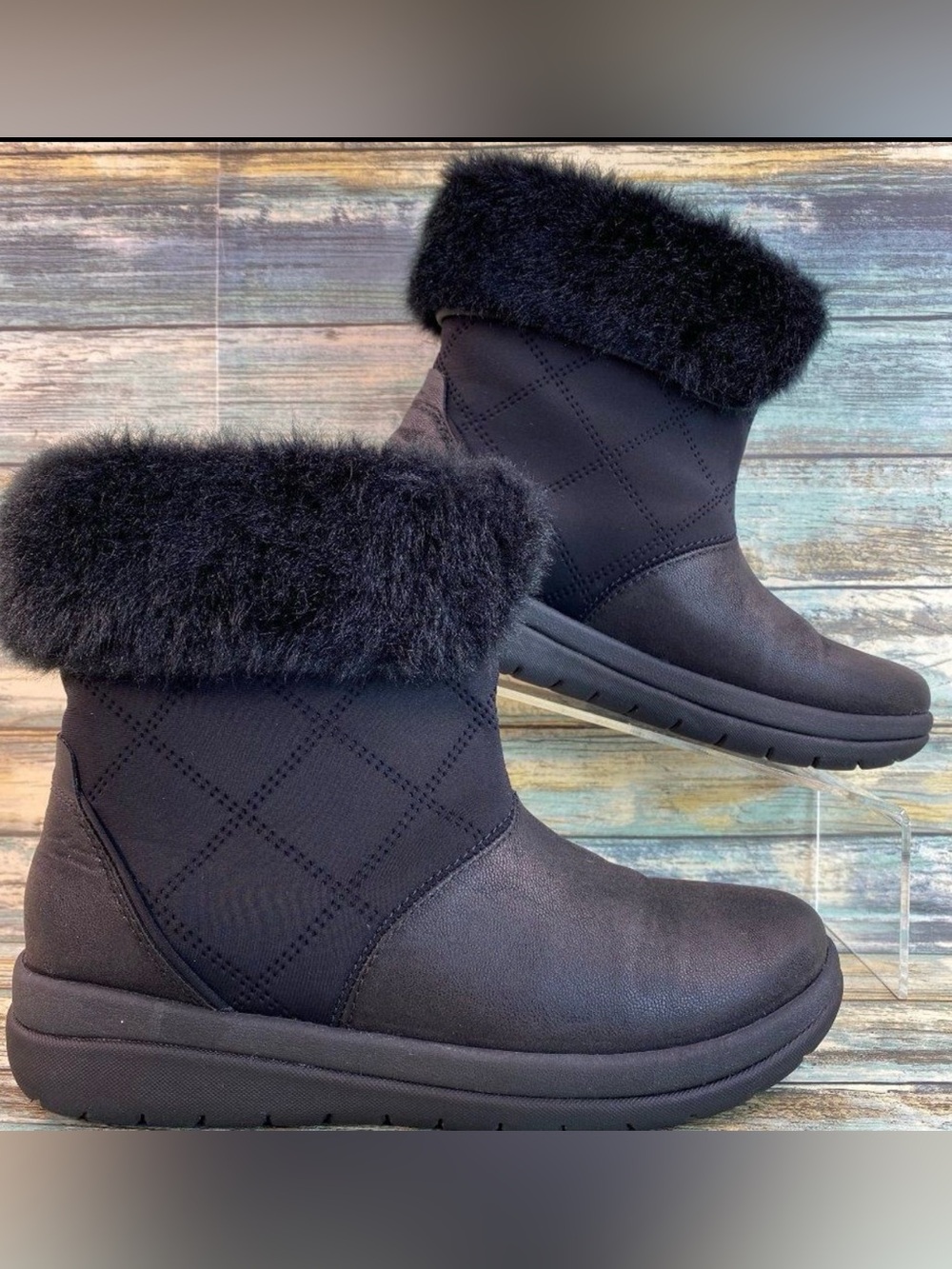 Clarks Cloudsteppers Ankle Boots Womens 5.5M Black Faux Fur Trim Pull On